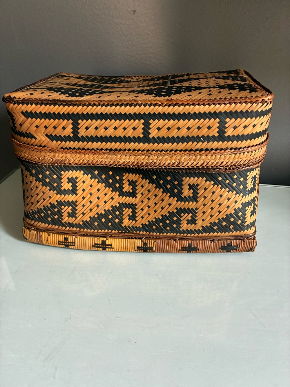 Unique Rectangular Woven Black & Tan Basket